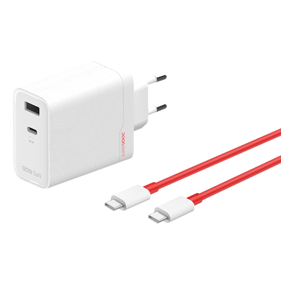 OnePlus 120W Dual Ports SuperVooc  Adapter + Cable (Type-C + Type-A) - White