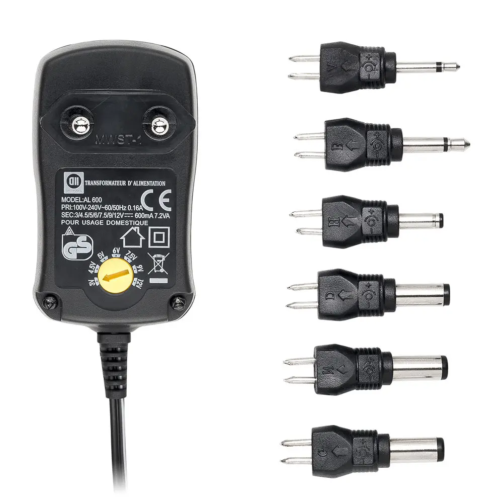 Bloc d'alimentation Universel 600mA +6 fiches - Entrée 240V 7.5W Sorties 3/4,5/5