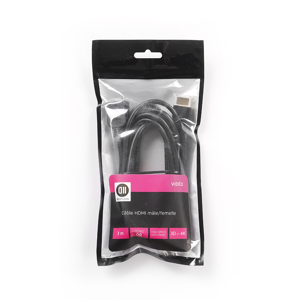 Rallonge HDMI m le/femelle 3m noir, plaqué or, 4K, AWG 30 vendu en SACHET