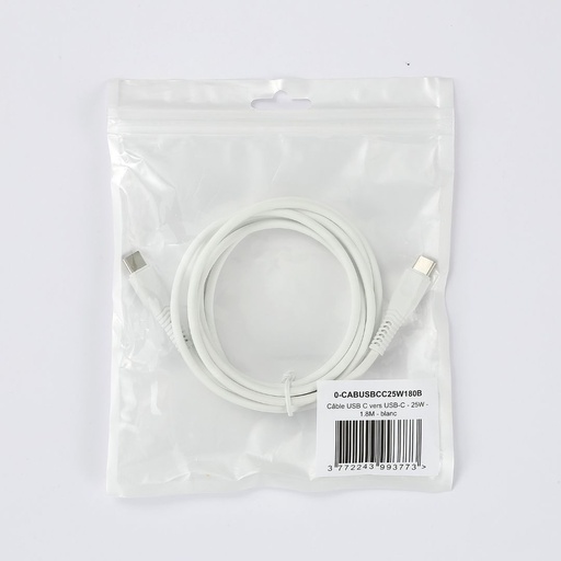 [0-CABUSBCC25W180B] C ble USB-C/USB-C 2.0 Male/Male - 25W - Longueur 1.80M - Blanc - en sachet