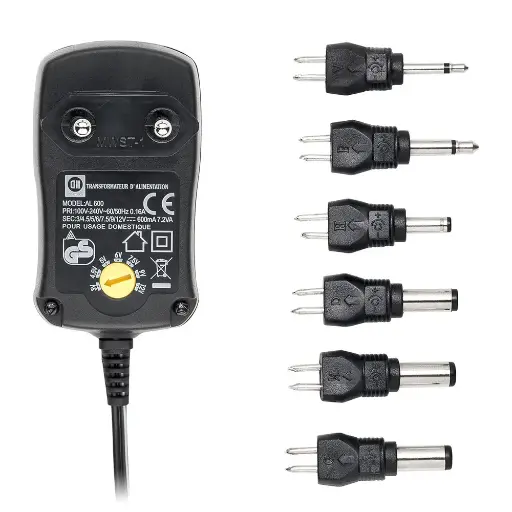 [D2AL600] Bloc d'alimentation Universel 600mA +6 fiches - Entrée 240V 7.5W Sorties 3/4,5/5