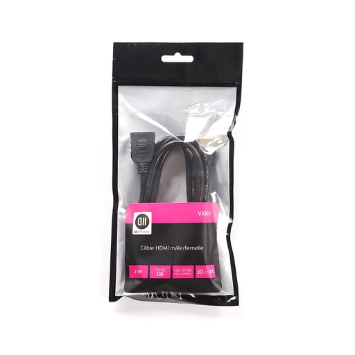 [D2RALHDMI200SACH] Rallonge HDMI m le/femelle 2m noir, plaqué or, 4K, AWG 30 vendu en SACHET
