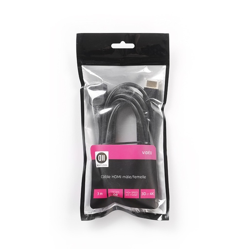 [D2RALHDMI300SACH] Rallonge HDMI m le/femelle 3m noir, plaqué or, 4K, AWG 30 vendu en SACHET